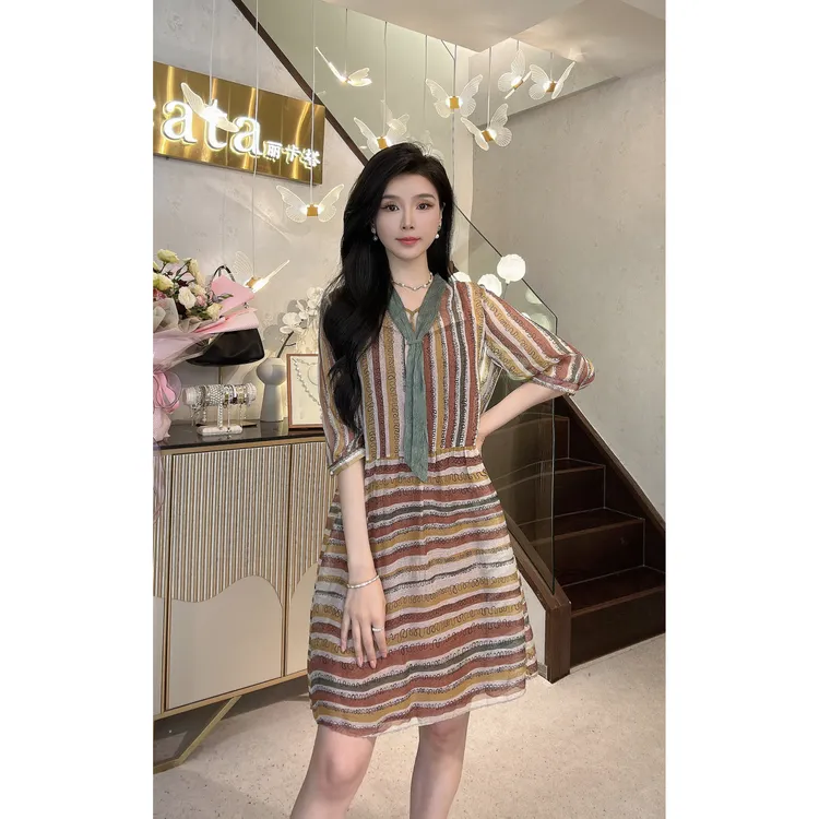 YUANBAO【彩虹】桑蚕丝高奢品质收腰遮肉宽松显瘦漂亮法式-女连衣裙