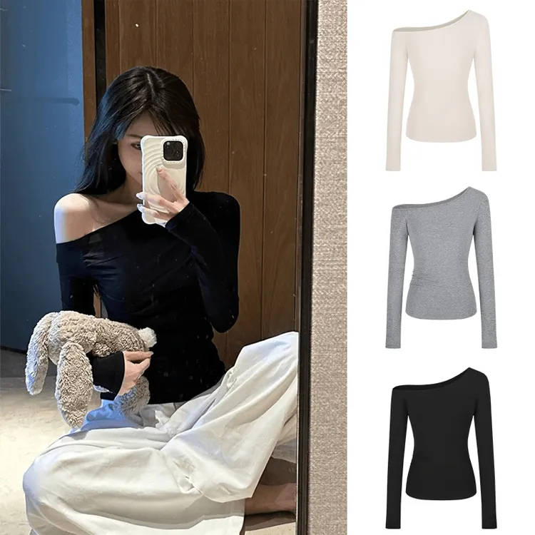 纯欲辣妹修身显瘦露肩长袖T恤女装早秋小众设计感斜肩打底衫上衣 