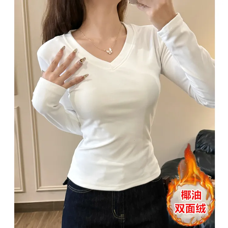 白色V领椰油双面绒打底衫女内搭秋冬2025新款长袖t恤修身保暖上衣
