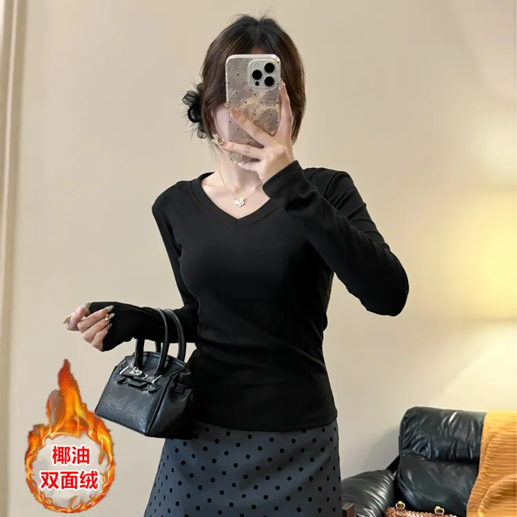 V领正肩长袖t恤女秋冬加厚椰油双面绒内搭打底衫修身显瘦保暖上衣