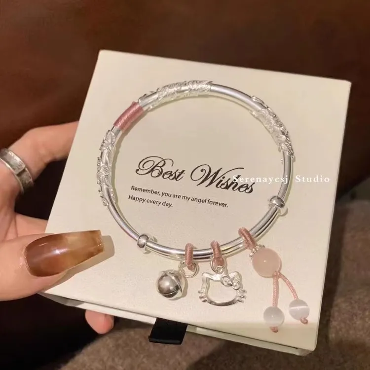 足银手镯 繁花似锦Kitty猫手镯999足银镯子生日情人节礼物送女友