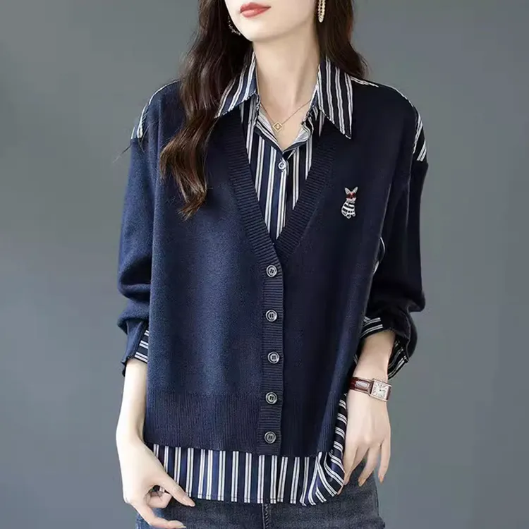 条纹衬衫女2024春秋新款胖妹妹设计感小众针织拼接假两件上衣衬衣