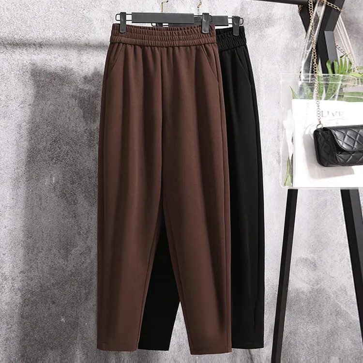 秋冬加绒宽松高腰九分裤女士时尚百搭休显瘦闲裤咖色小脚直筒裤女