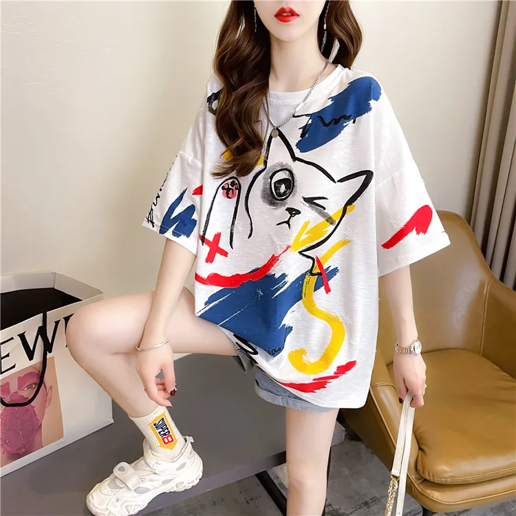 短袖t恤女2025夏季新款韩版大码卡通涂鸦宽松百搭中长款上衣S319