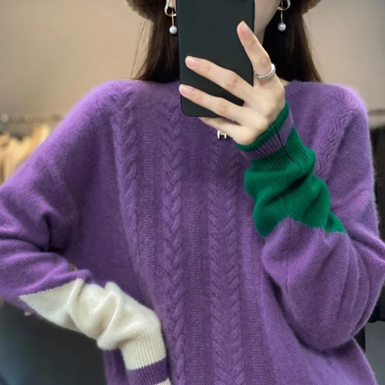 羊毛衫女圆领套头宽松毛衣秋冬新款加厚针织打底衫撞色慵懒风上衣