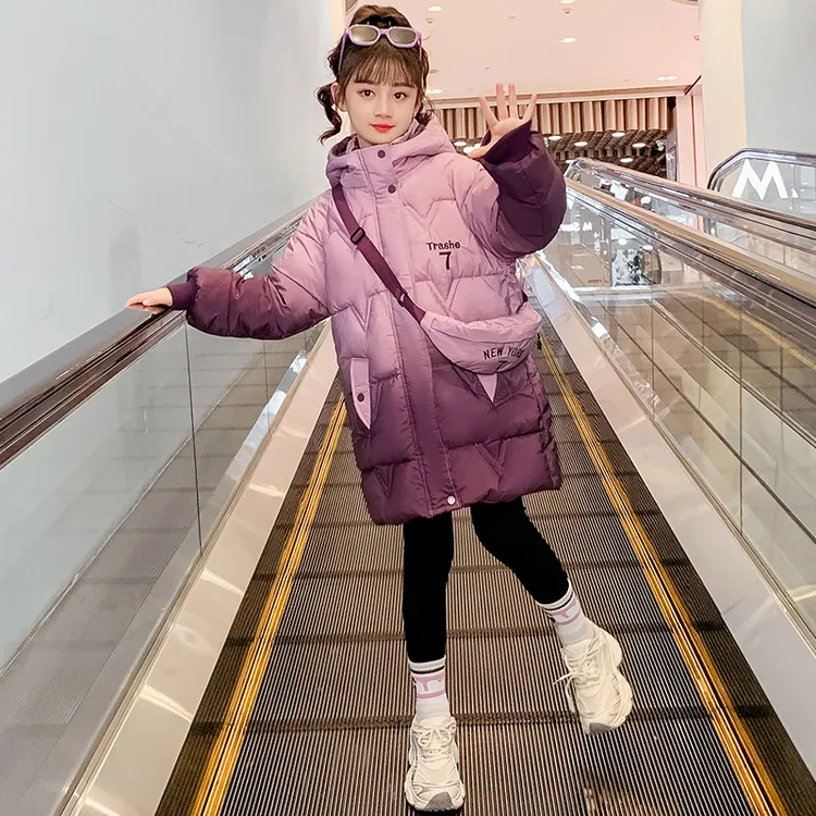 女童冬装棉衣外套2025新款网红渐变美拉德加绒加厚女孩洋气中长潮