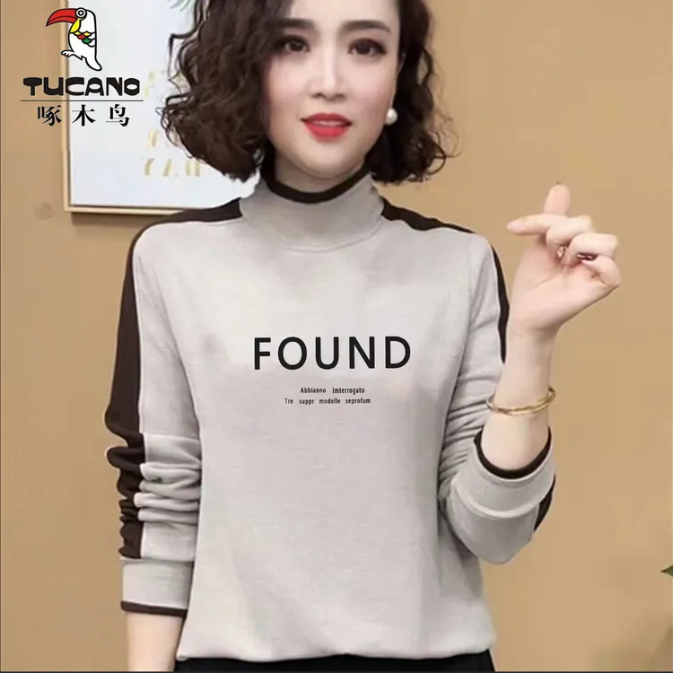 啄木鸟正品秋冬新款洋气百搭时髦半高领设计打底衫气质德绒上衣女