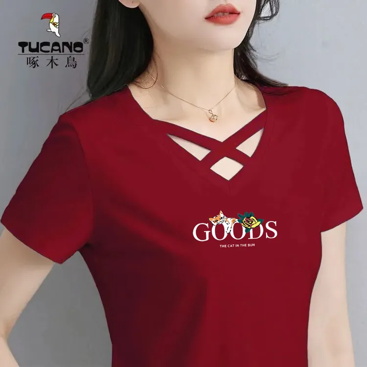 啄木鸟正品精梳棉短袖t恤女镂空v领印花百搭夏装显瘦洋气打底上衣
