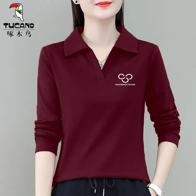 啄木鸟正品长袖女t恤妈妈装休闲春季翻领POLO衫洋气时尚打底上衣