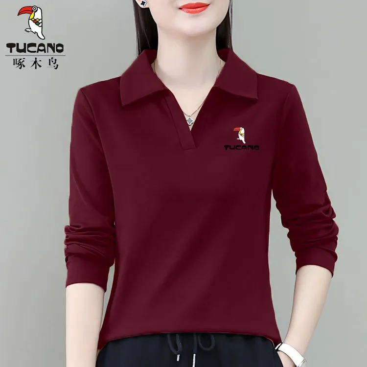 啄木鸟正品休闲春秋时尚高端洋气长袖翻领t恤女百搭显瘦打底上衣