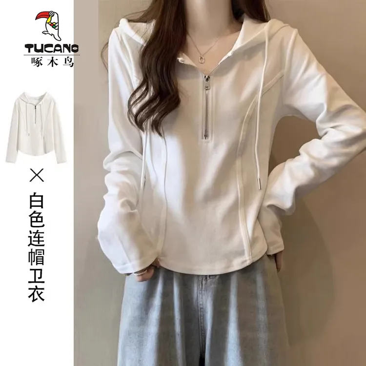 啄木鸟正品连帽长袖新款2024春秋薄款气质小众显瘦百搭时尚上衣女