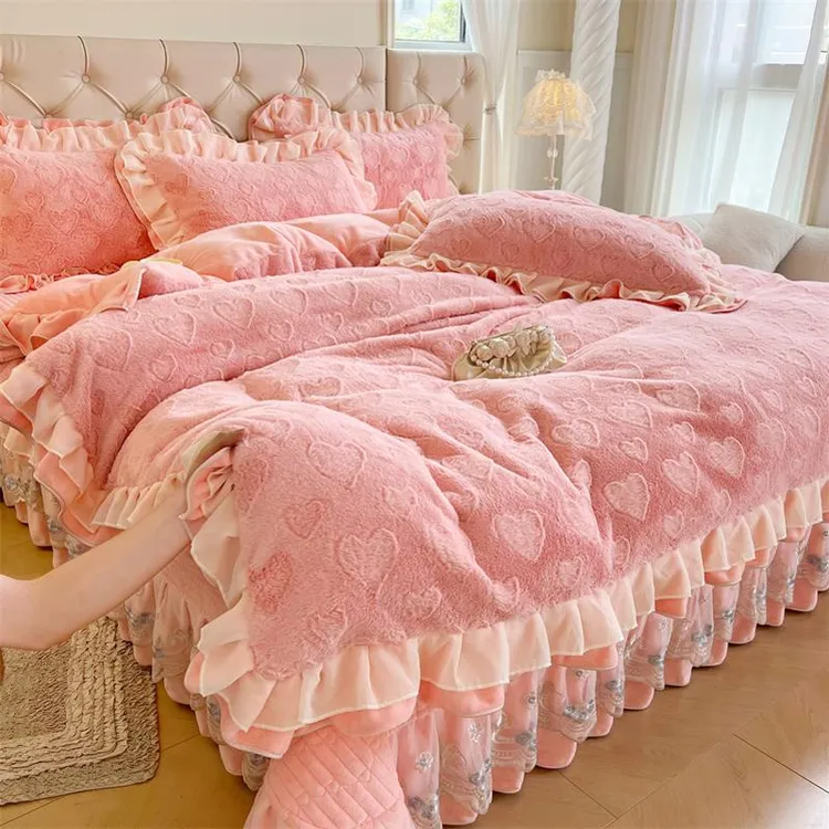 公主风加厚剪花绒牛奶绒四件套夹棉床盖保暖加绒花边被套床上冬季