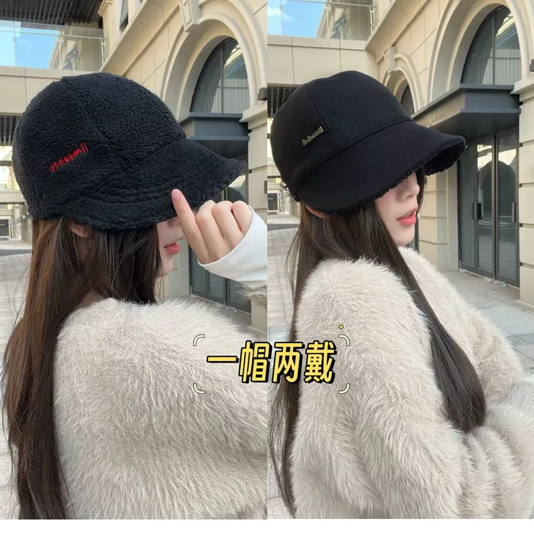 秋冬新款宽檐显脸小鸭舌帽外出双面戴可挂口罩加绒保暖百搭鸭舌帽