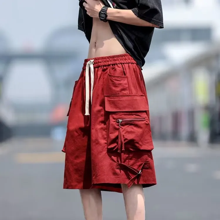 红色工装短裤女时尚百搭日系薄款中裤宽松韩版运动五分裤美式潮
