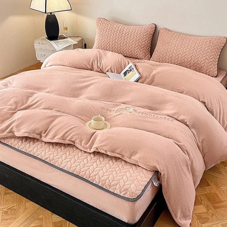 简约纯色高档加厚牛奶绒四件套冬天加绒夹棉床笠款4件套过冬床品