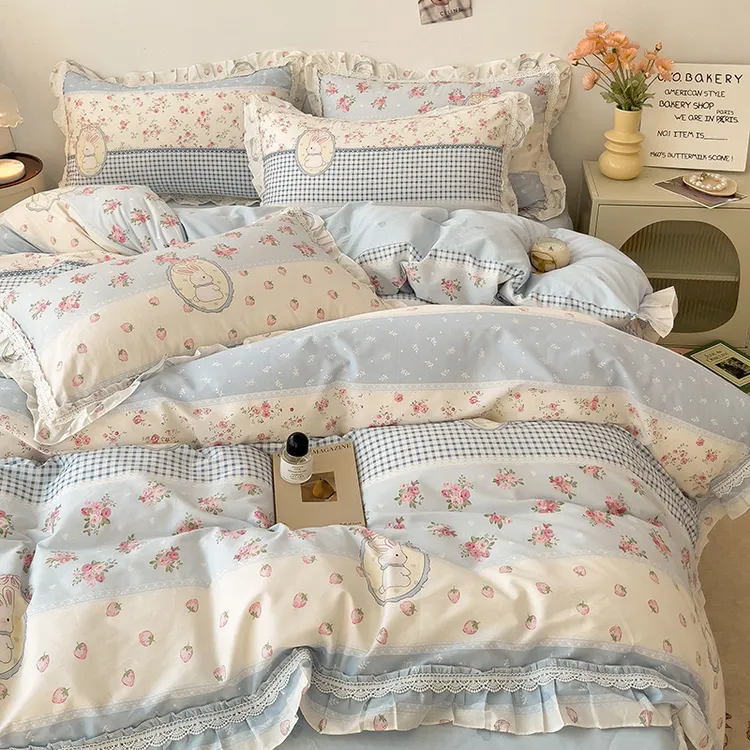 法式床上四件套100全棉纯棉花边被套床单床笠床裙款小清新床品三4