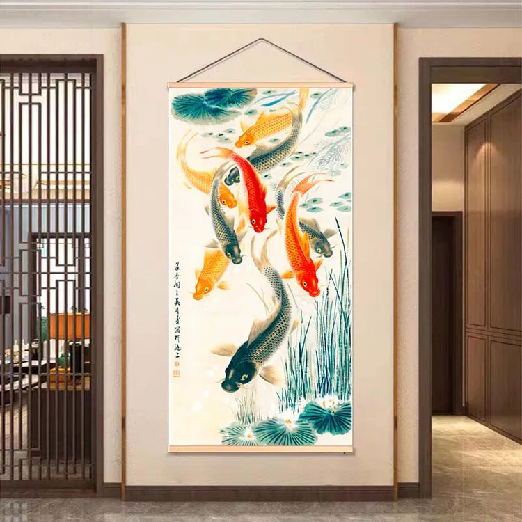 九鱼图家庭挂画锦鲤招财发财挂画玄关装饰画新中式客厅挂画家和画