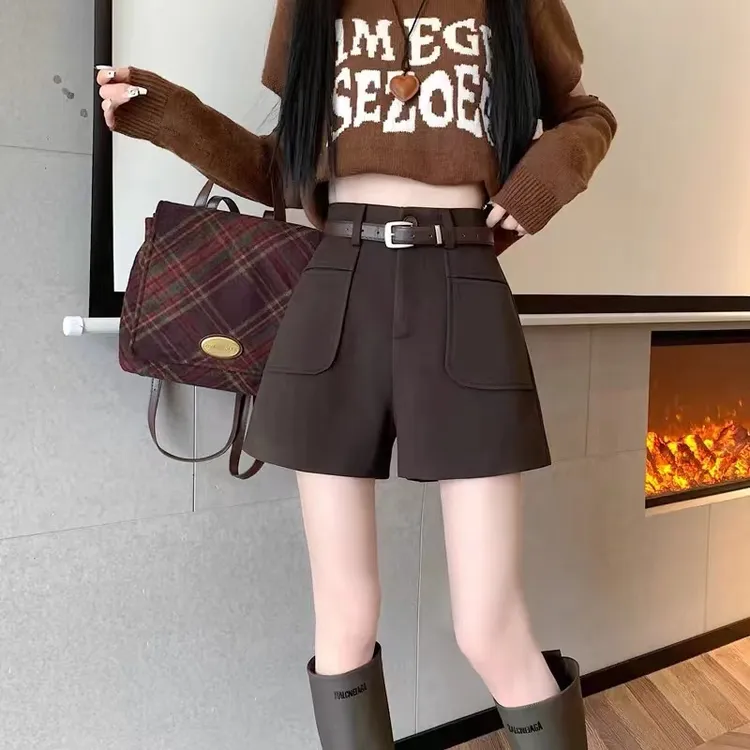高腰显瘦毛呢短裤女2025秋冬新款外穿休闲裤a字阔腿打底靴裤980