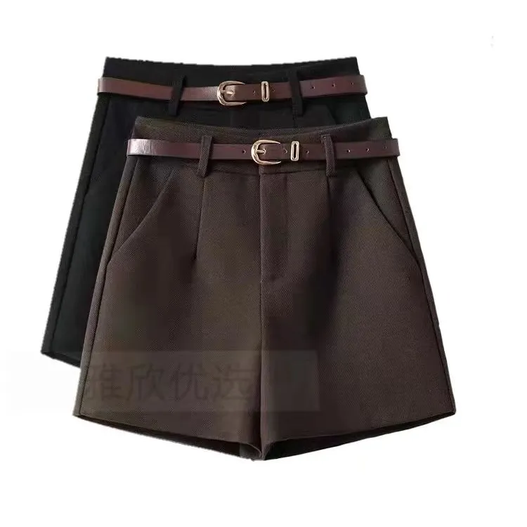 【送腰带外穿毛呢短裤女2025秋冬季黑色休闲高腰显瘦宽松百搭a字裤