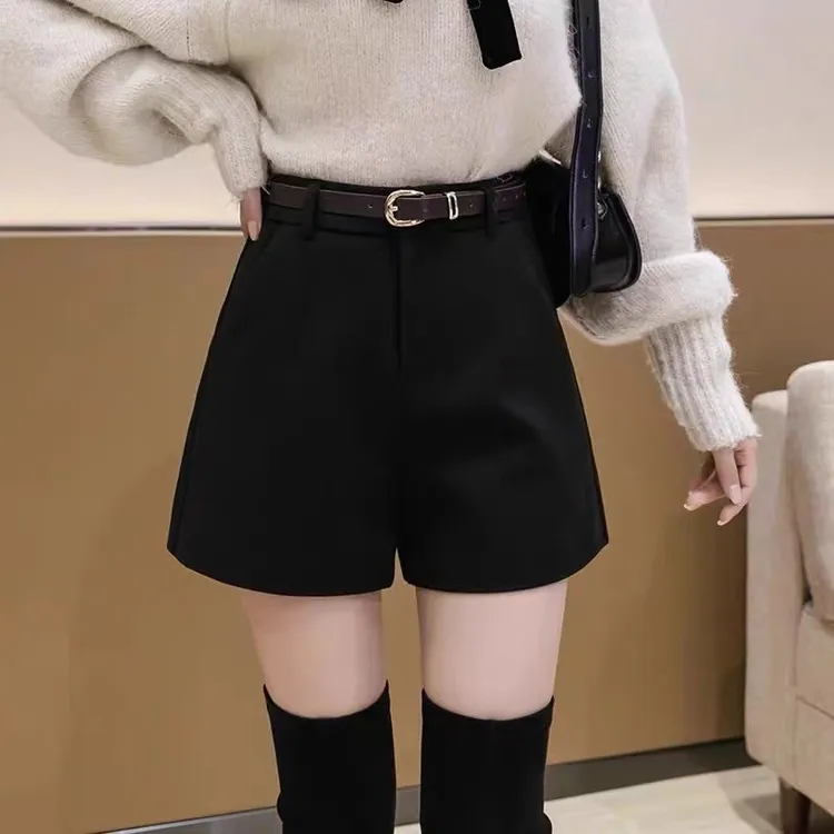 (送腰带）外穿毛呢短裤女秋冬新款高腰显瘦a字阔腿百搭打底靴裤