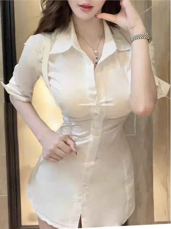 纯欲韩系御姐设计感褶皱中长款白色衬衫裙女辣妹性感收腰A字短裙