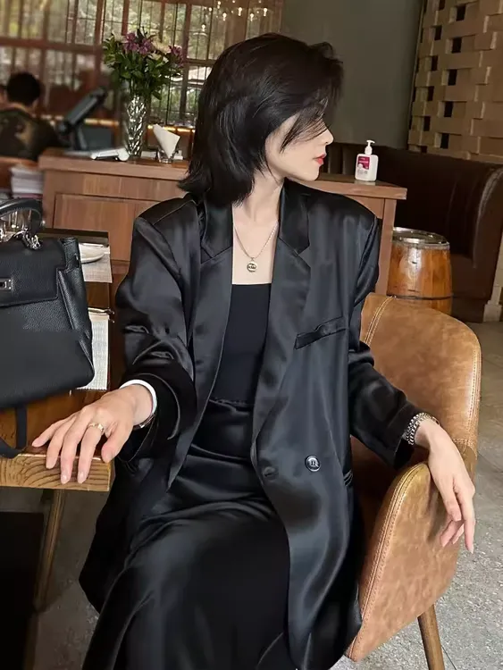 醋酸丝滑西装外套女薄款春夏季2025黑色通勤休闲宽松防晒西服上衣