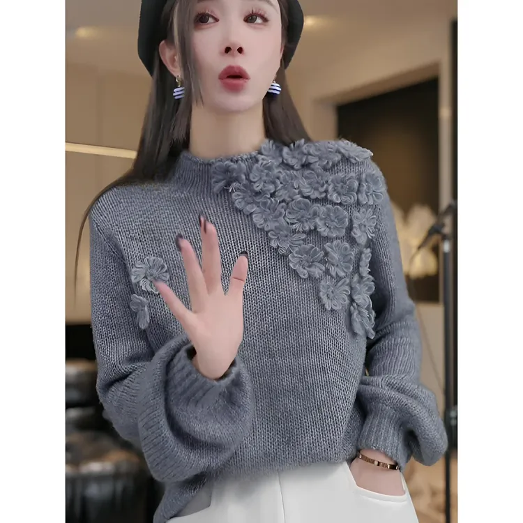 秋冬季新款手工花朵针织衫毛衣女气质减龄洋气设计感别致长袖上衣