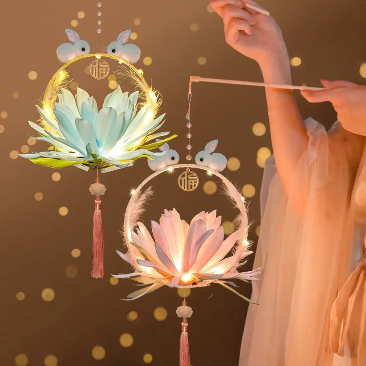 2025中秋节手提花灯古风儿童发光灯笼手工diy制作材料玉兔小花灯