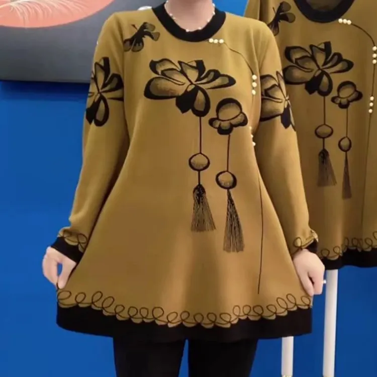 妈妈秋冬款长袖毛衣打底衫2024新款宽松显瘦百搭印花大码减龄女装