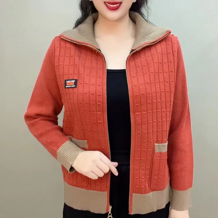 中老年妈妈长袖毛衣针织衫秋冬新款时尚翻领拼色休闲拉链开衫外套