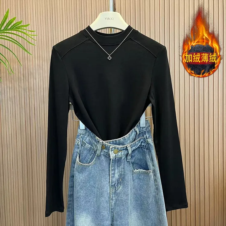 加绒薄绒款半高领前拼接长袖打底女春秋新款洋气微宽松上衣打底衫