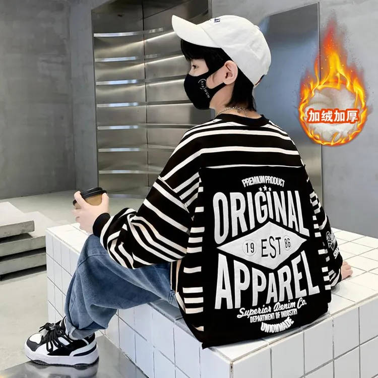 男童加绒卫衣秋冬款2024新款加厚男孩一体绒儿童冬季假两件上衣潮