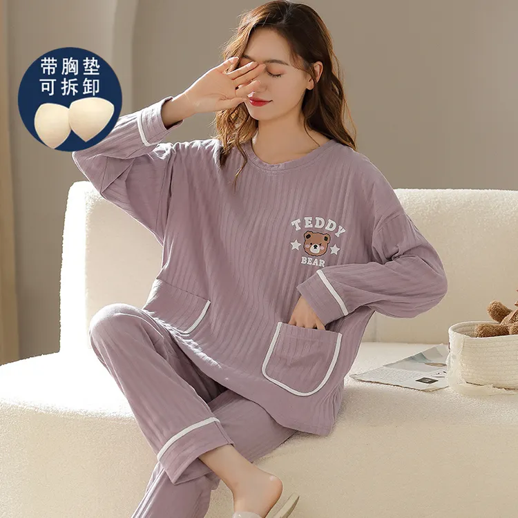 带胸垫睡衣女春秋全棉长袖长裤大码韩版200斤加肥加大家居服套装
