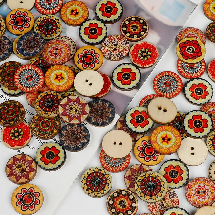 复古彩绘 纽扣手工diy衣服彩色木扣圆形两孔木质扣子15/20/25mm