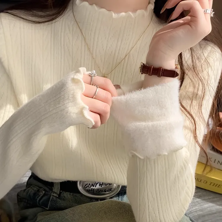 加绒加厚打底衫毛衣女款2024新款冬季加厚木耳边内搭针织上衣