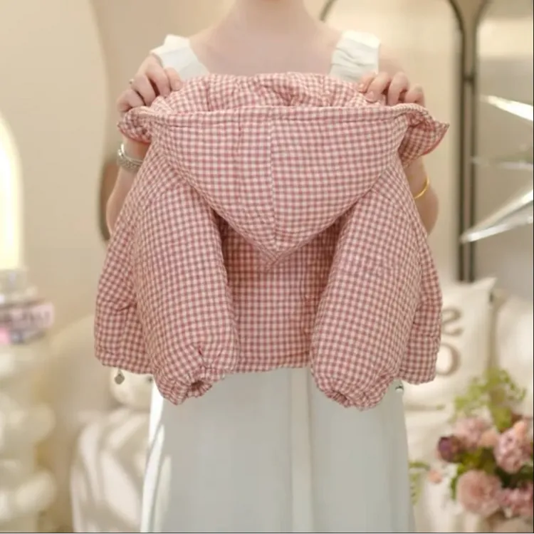 女童2025冬季新款洋气元气感加绒加厚连帽格子棉服外套保暖