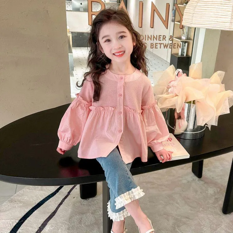 女童春装时尚洋气长袖衬衫甜美娃娃衫春秋中小童纯色上衣套装