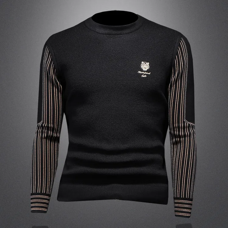 路约威格轻奢时尚潮牌刺绣圆领毛衣男士秋冬保暖修身打底针织线衫