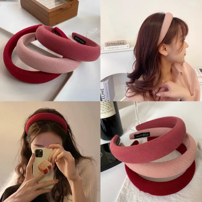 复古气质百搭高颅顶纯色粉红色系宽边海绵发箍头箍法式