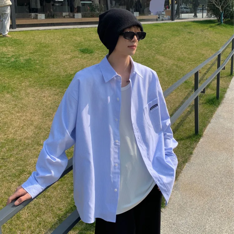 【小王家】港味设计感百搭条纹衬衫宽松蓝色流行经典简约长袖衬衣男