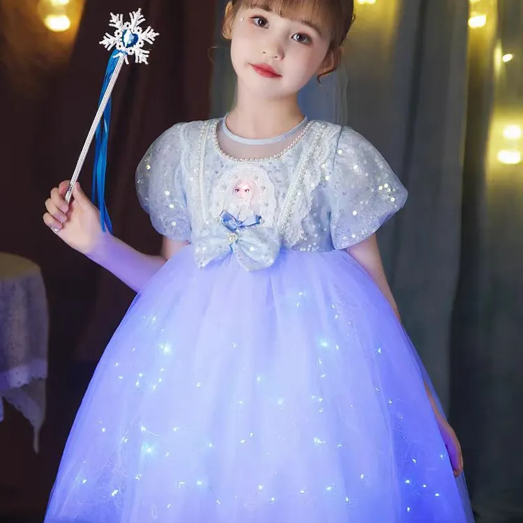 冰雪奇缘发光爱莎公主裙女童夏新款艾莎爱沙儿童正版生日连衣裙子