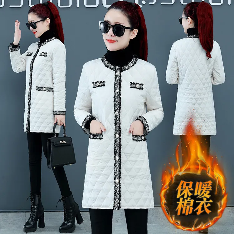 棉衣女中长款冬季韩版宽松棉服编织菱形格轻薄丝棉女装加厚外套