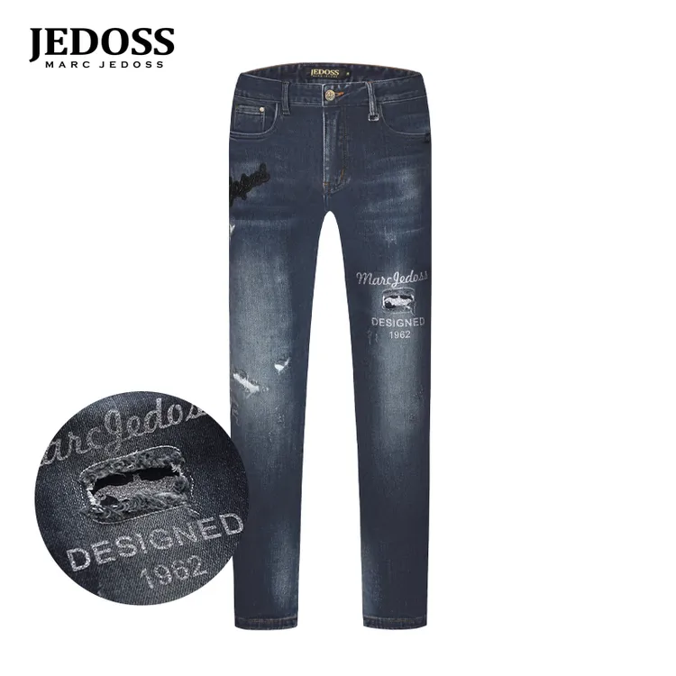 JEDOSS/爵迪斯男装潮牌秋冬新款立体刺绣串珠修身牛仔裤YH120