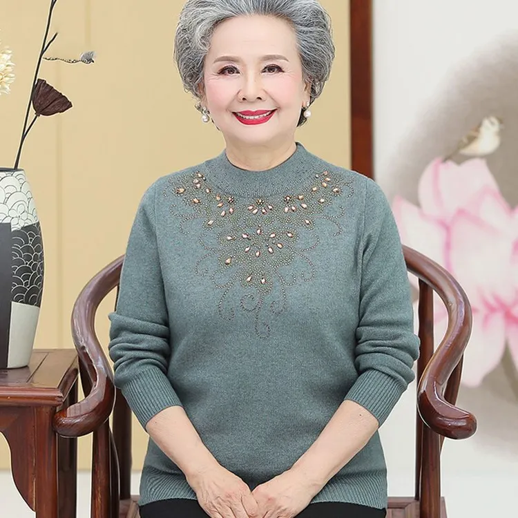 奶奶装秋冬装针织衫时尚老太太60到70岁胖妈妈装半高领打底衫毛衣