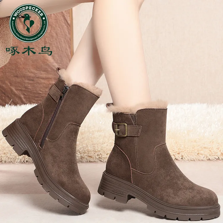 啄木鸟马丁靴女2025年新款保暖秋冬季皮鞋粗跟棉靴中年加绒短靴