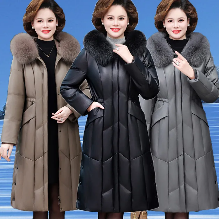 高档真皮羽绒服女中长款加厚保暖大码时尚妈妈装狐狸毛领绵羊皮衣