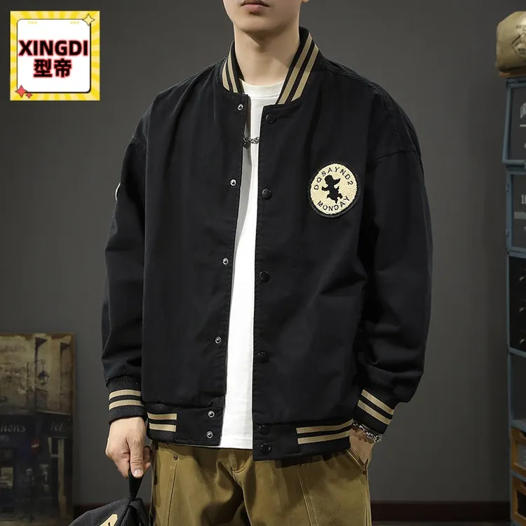 秋冬季潮牌徽章棒球服男纯棉外套宽松大码美式复古飞行员休闲夹克