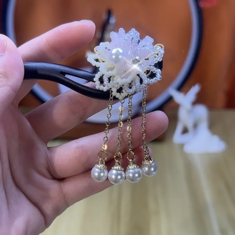 18厘米黑檀木发簪珠花减龄气质百搭新中式新款国风古风旗袍流苏