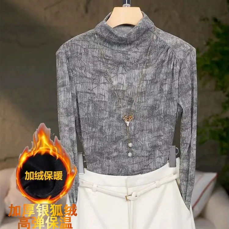 加绒长袖印花网纱大码遮肚子显瘦保暖打底衫女秋冬新款百搭厚小衫