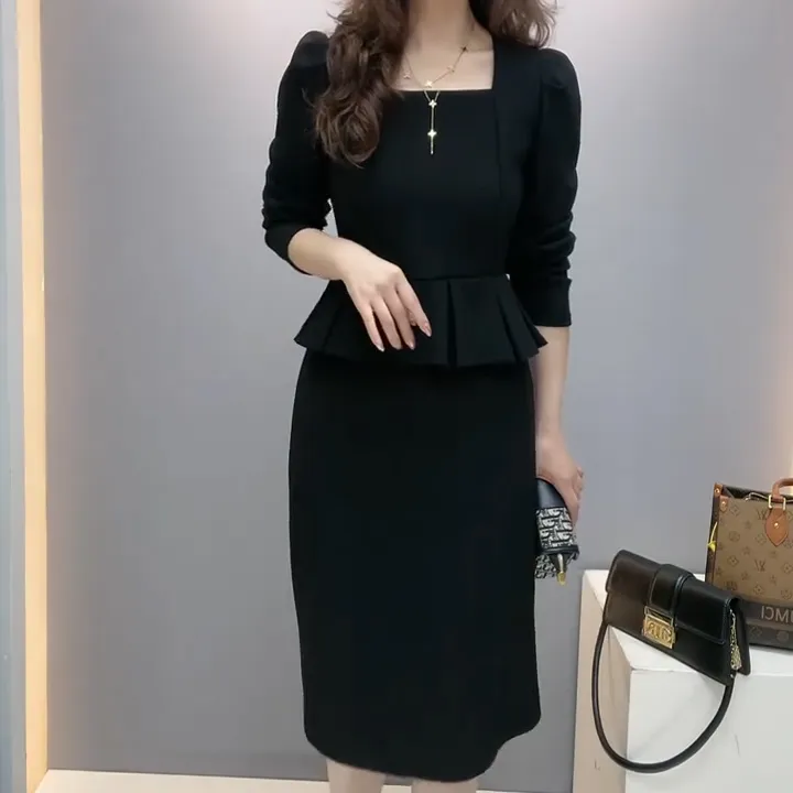 2024春秋新款时尚洋气百搭气质修身显瘦名媛女神范方领百褶连衣裙